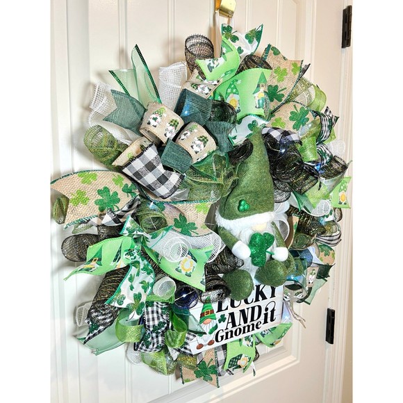 Handmade St. Patrick’s Day Lucky and Gnome it Ribbon Prelit Wreath 22 in LED W15 - Picture 3 of 12